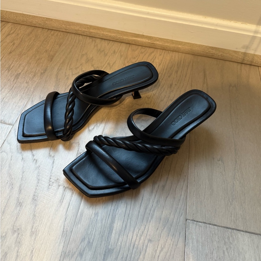 Jimmy Choo Black Twisted Strap Square-Toe Heel Sandals